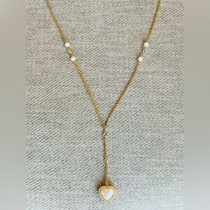 Pearl necklace, long, teardrop pearl and rhinestone pendant on faux gold chain